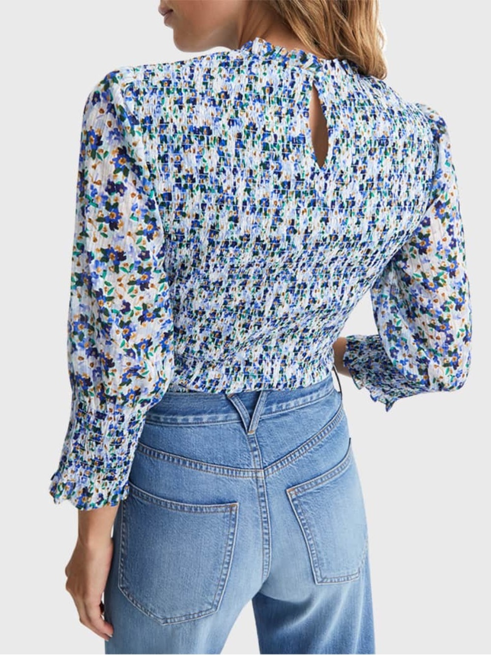Veronica Beard Kali Floral Smocked Three-Quarter Sleeve Top - Picture 2 of 6